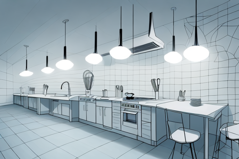 A kitchen with a range of different lighting fixtures
